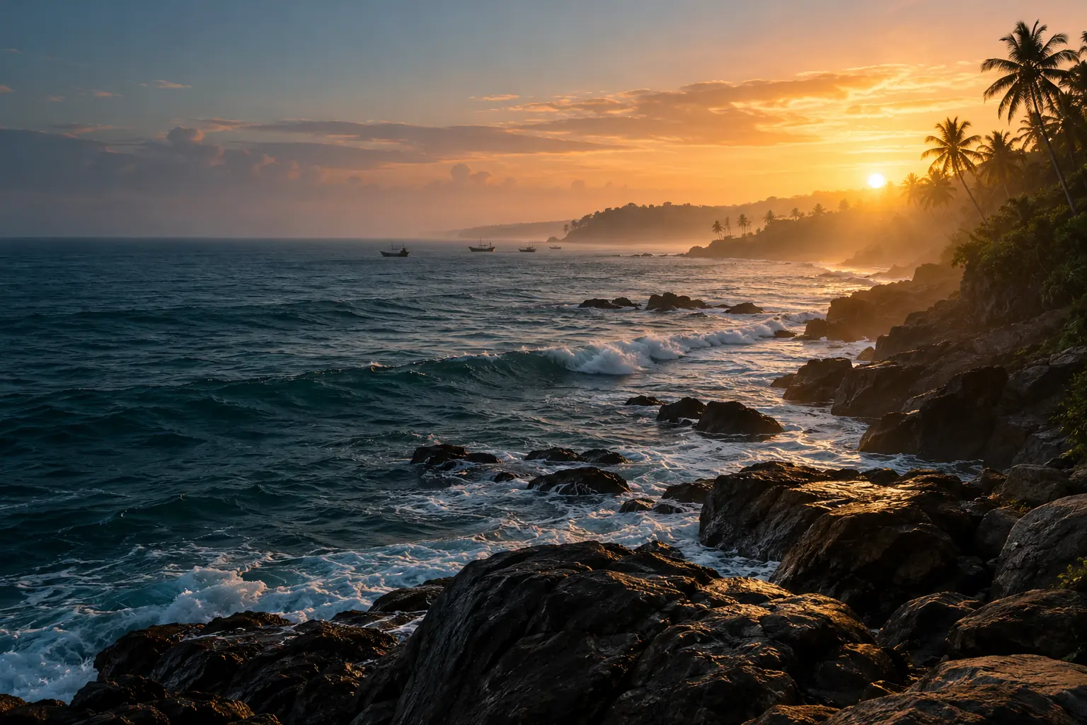 Cinematic coastal inspiration: a rocky headland and fishing boats at first light