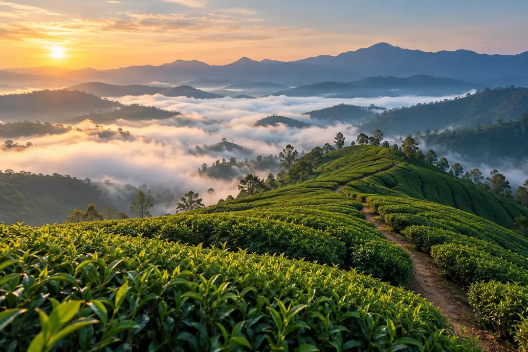 Visual inspiration of a tea ridge above mist-filled valleys at dawn