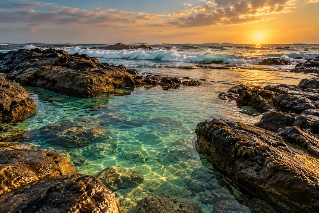 Visual inspiration of clear tidal pools and ocean surf in warm evening light